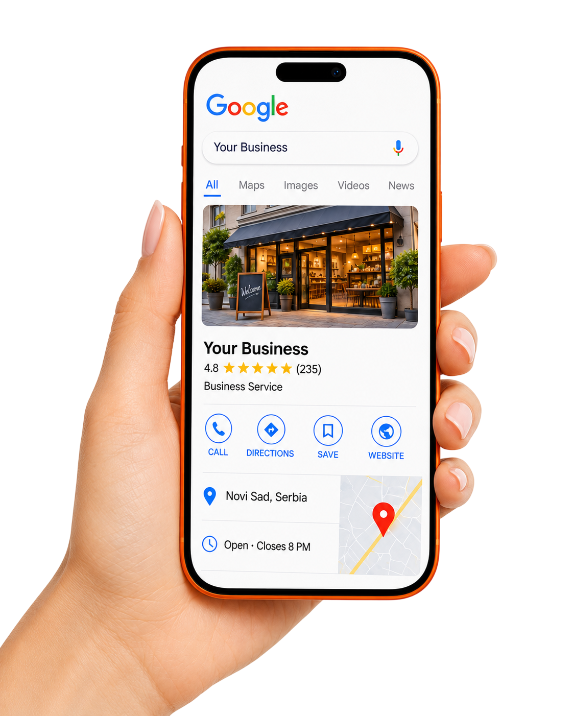 A hand holding an iPhone displaying a Google business profile
