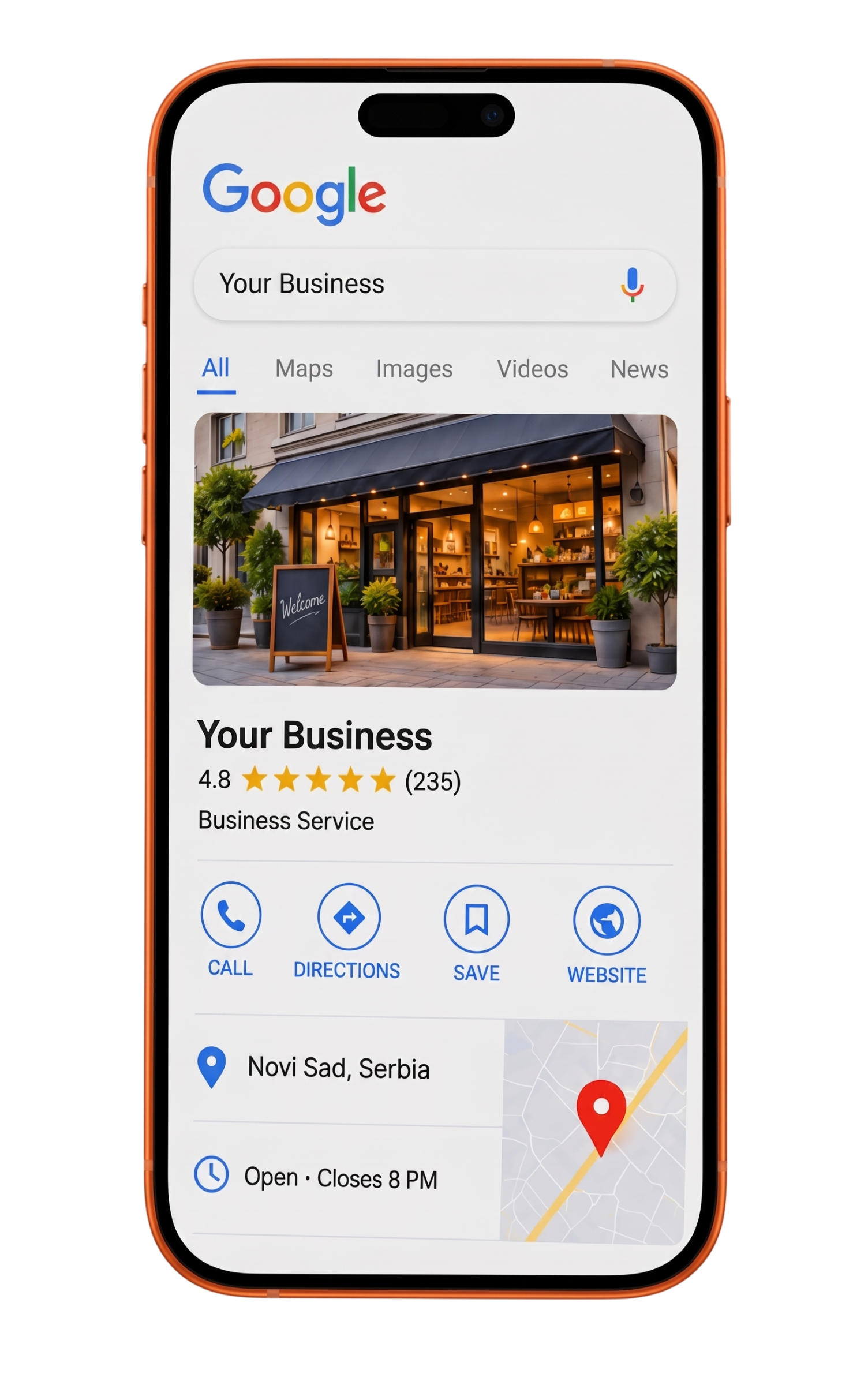 Orange phone displaying a Google Business profile